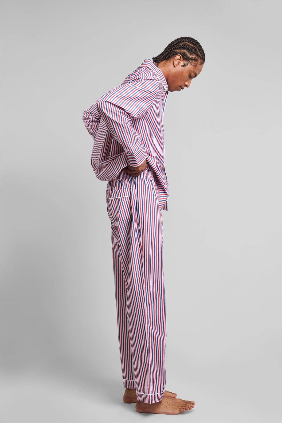 Men's Red & Blue Multistripe Cotton Button-Up Pajama Set in red/blue stripe – alternate view