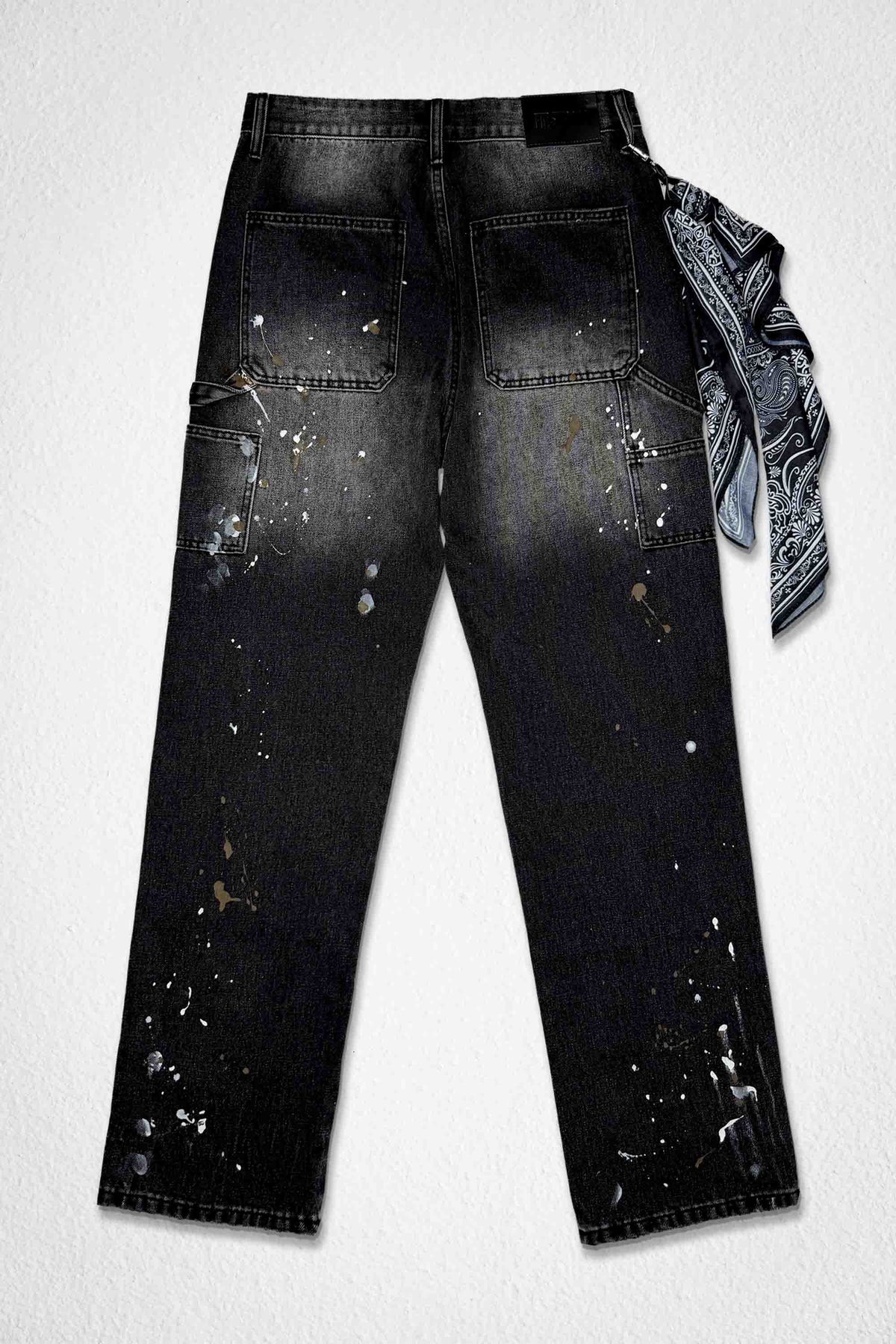 Men's relaxed canvas workwear pants with bandana scarf detail in black stone