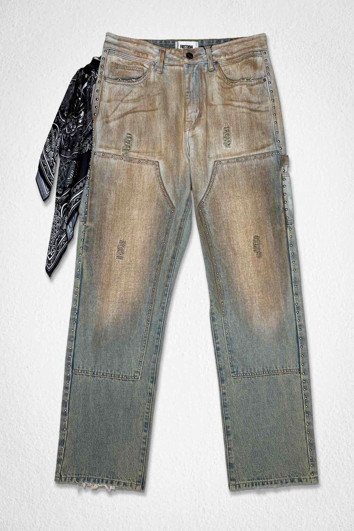 Men's light stone relaxed workwear jeans with bandana scarf detail