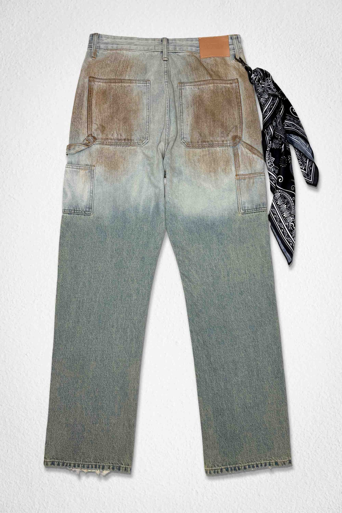Men's light stone relaxed workwear jeans with bandana scarf detail