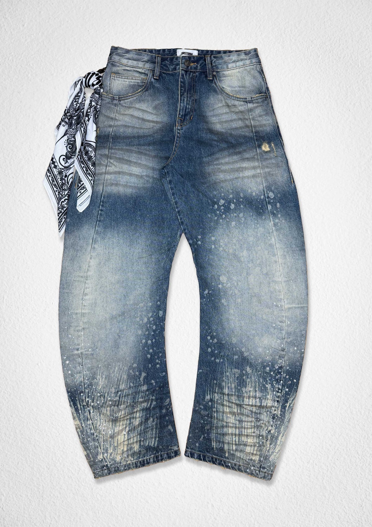 Men's medium stone barrel fit jeans with rhinestone and scarf detail