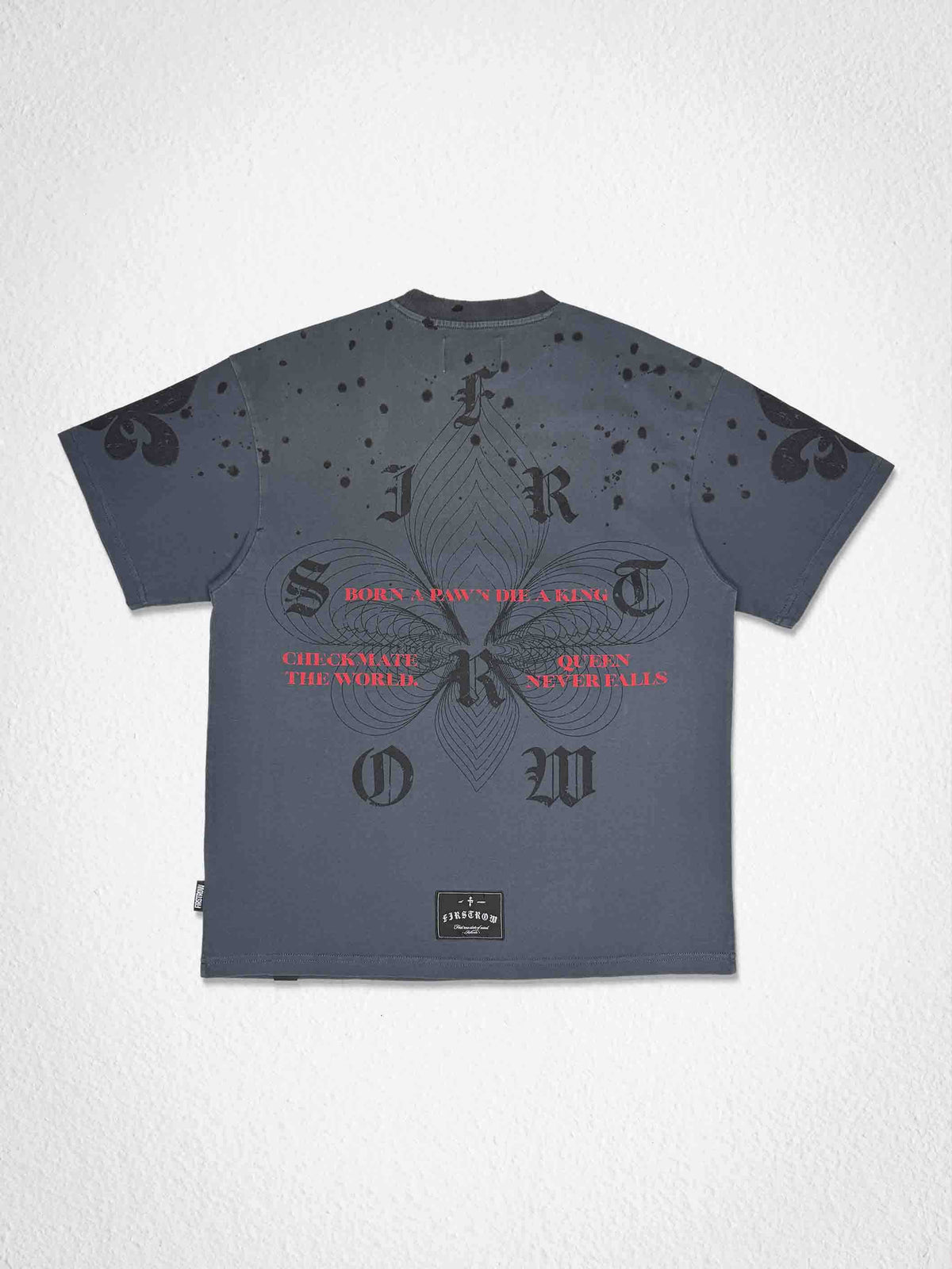 Men's dark grey washed graphic tee with rhinestone chess checkmate design