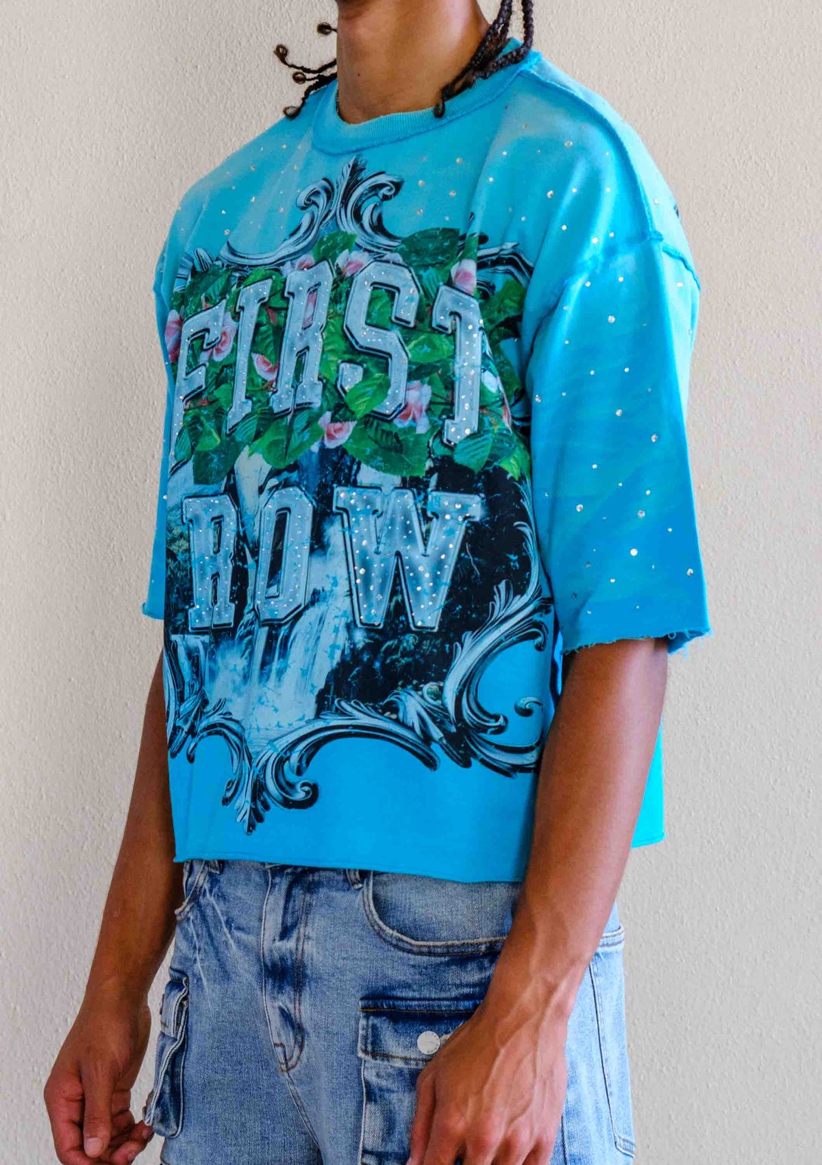 Men's teal blue cropped terry tee with rhinestone frame graphic