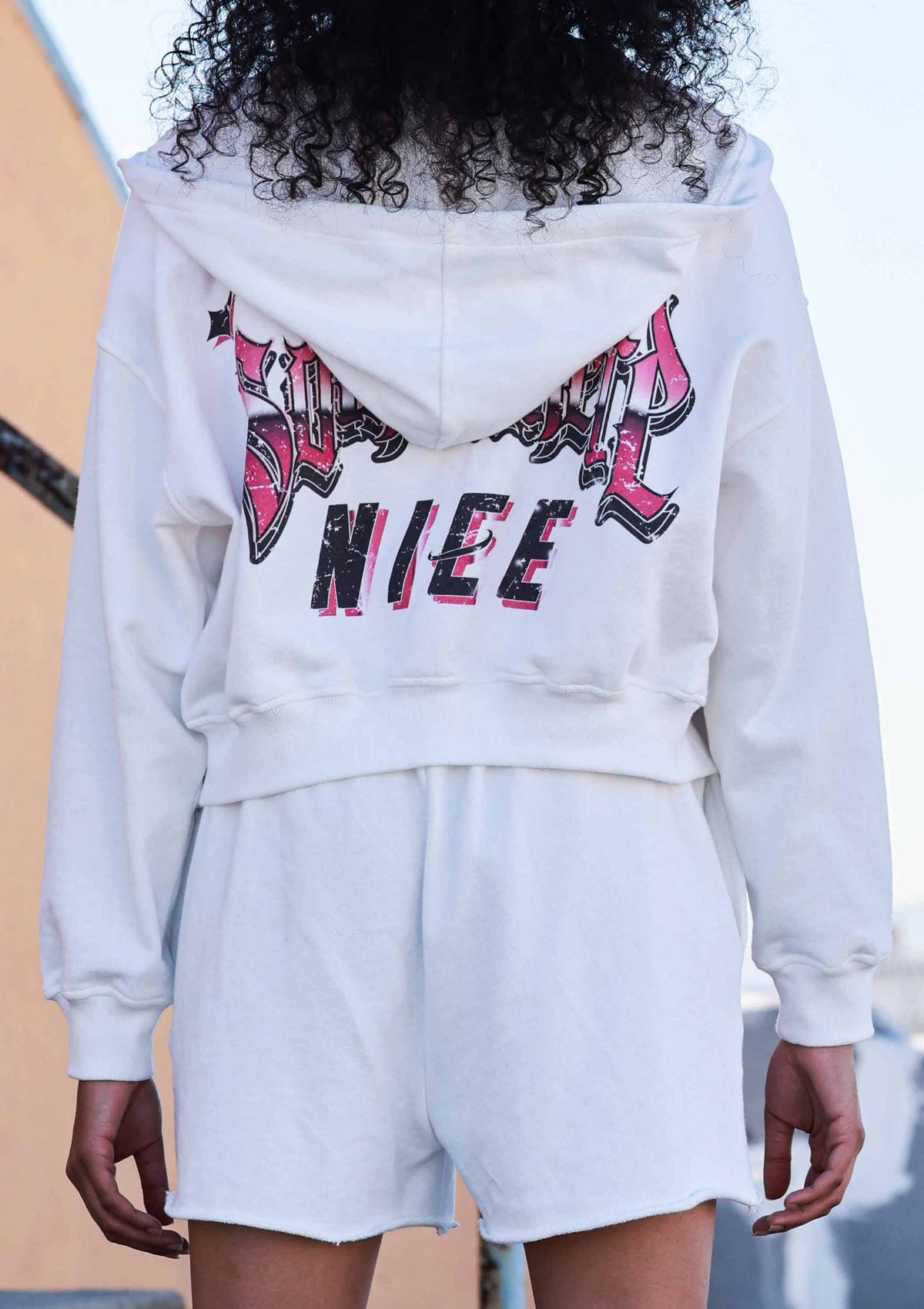 Men's white washed cotton zip-up hoodie with rhinestone stone graphic and drawstring hood