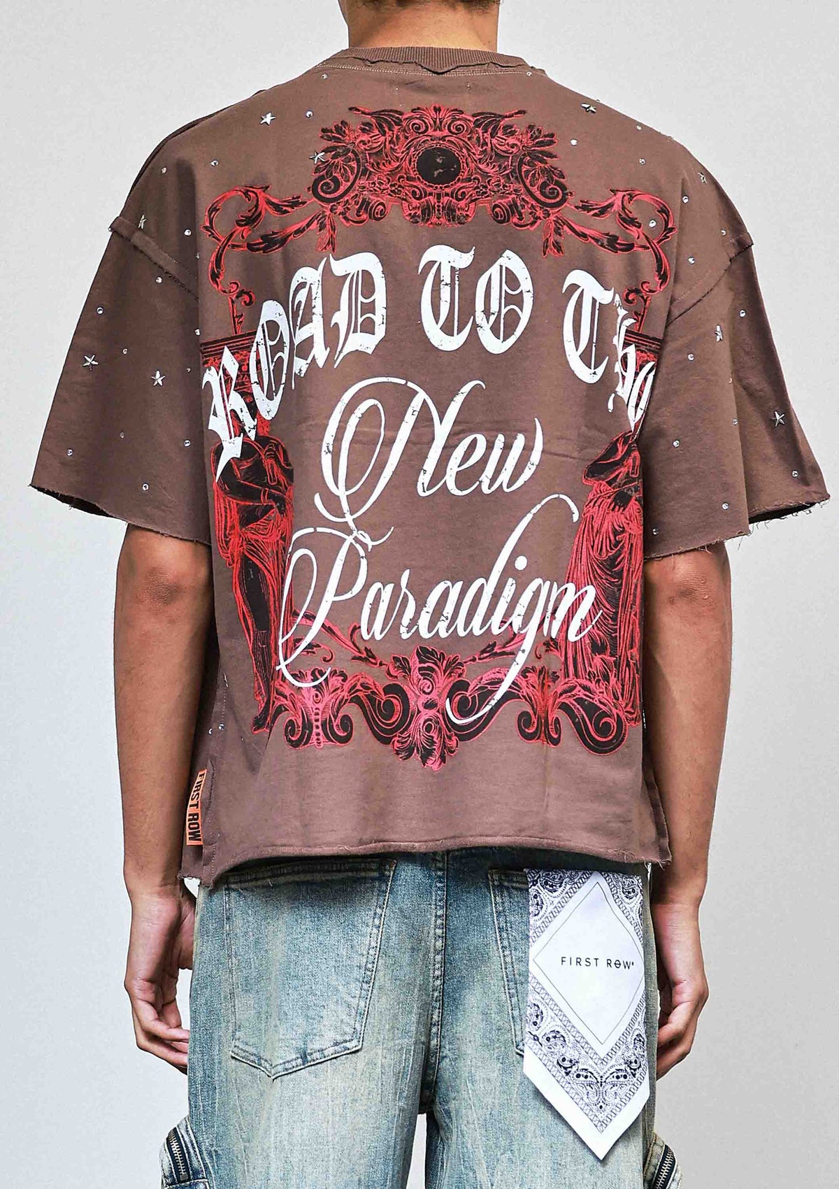 Men's caffe brown cropped terry tee with rhinestone hem and studs
