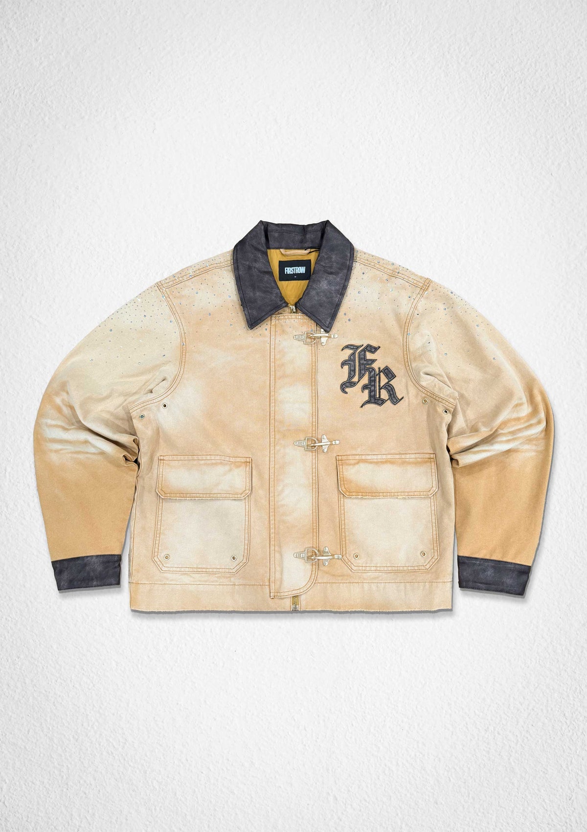 Men's wheat cotton canvas workwear jacket with rhinestone and leather applique details