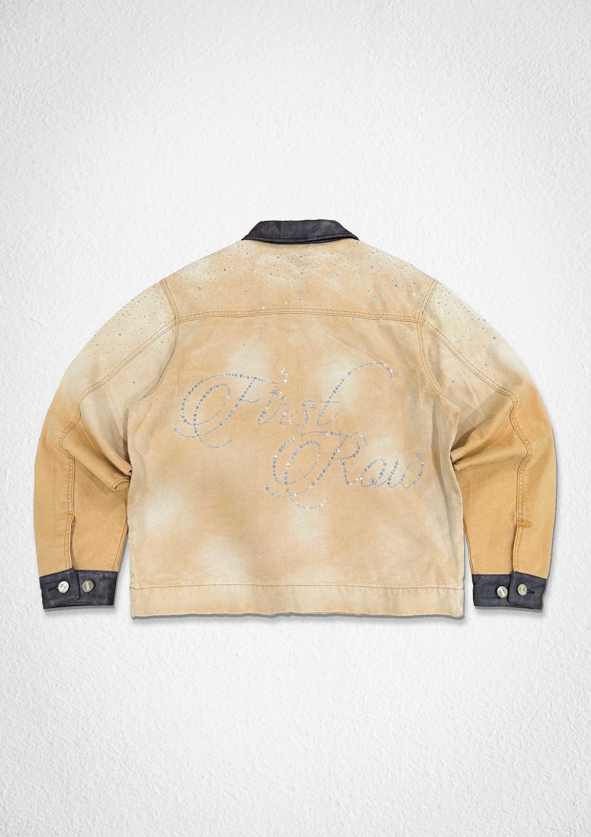 Men's wheat cotton canvas workwear jacket with rhinestone and leather applique details