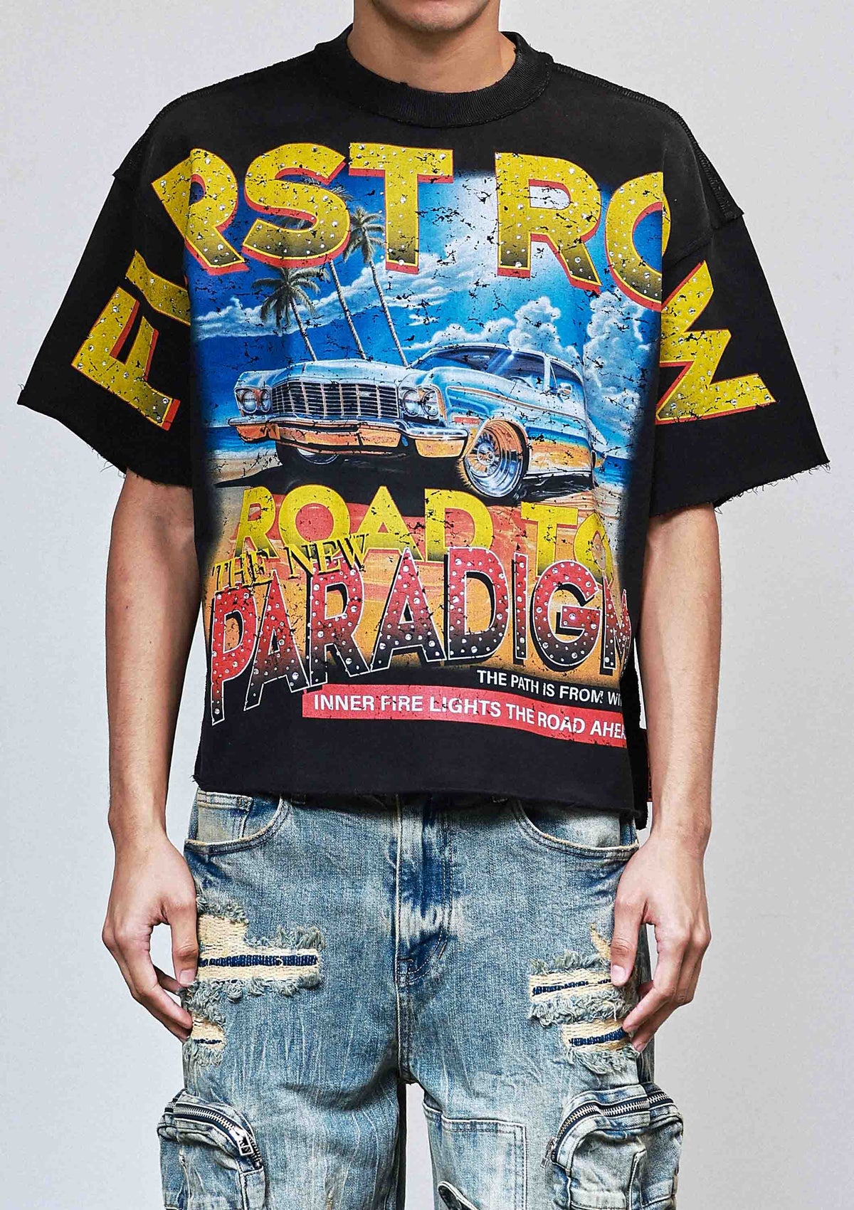Men's black rhinestone cropped terry tee with raw edge hem