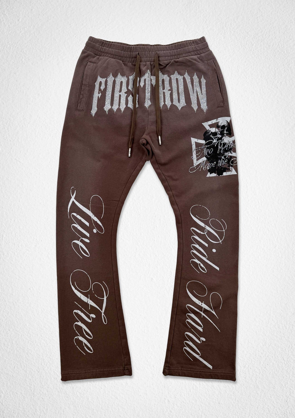 Men's caffe brown washed flare joggers with rhinestone graphic