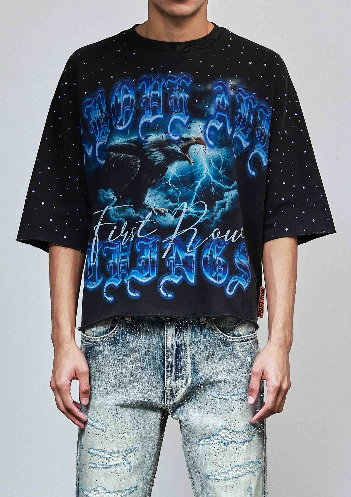 Men's black rhinestone graphic 3/4 sleeve cropped terry tee