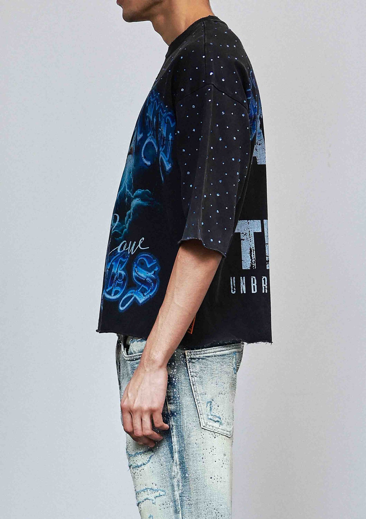 Men's black rhinestone graphic 3/4 sleeve cropped terry tee