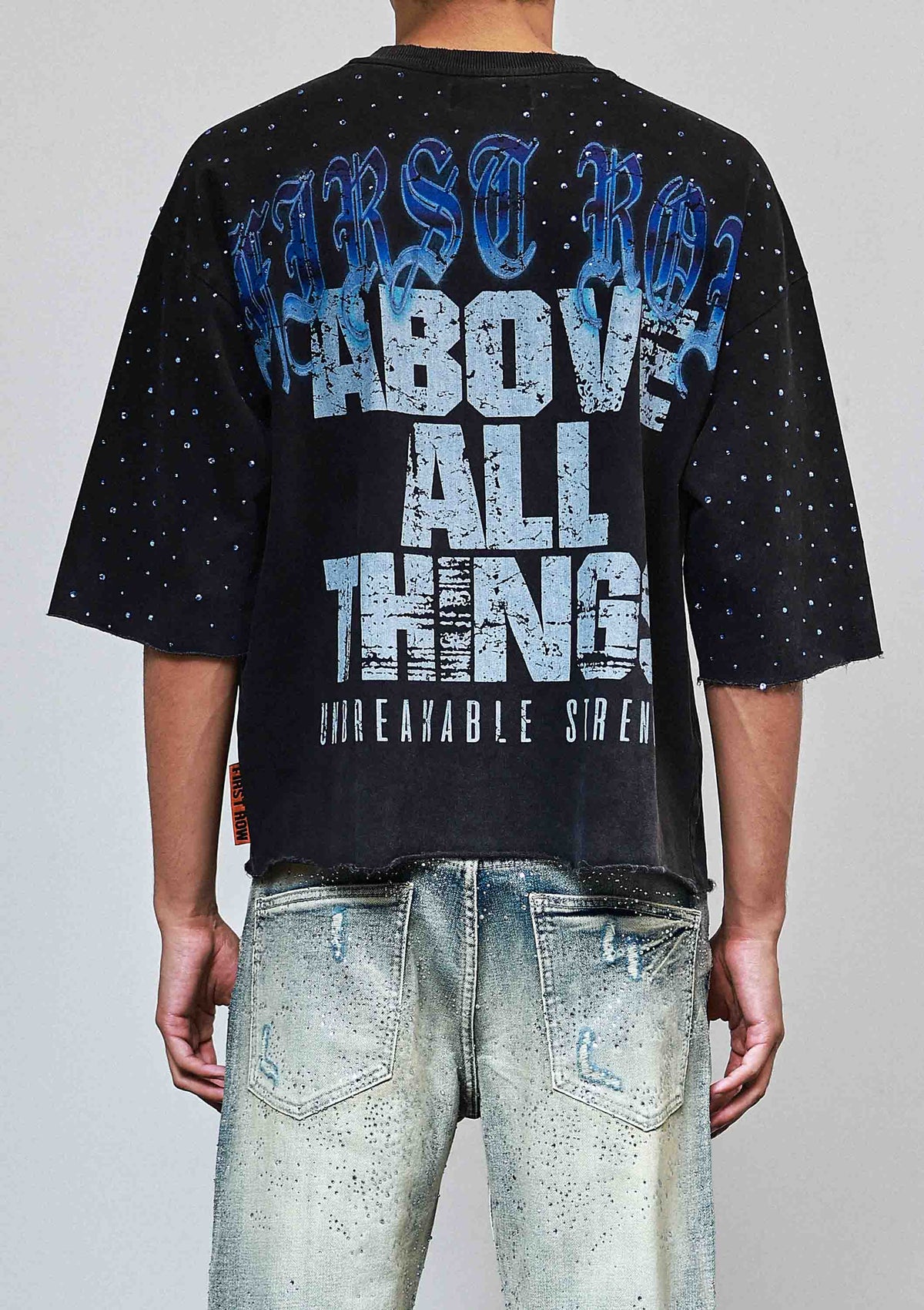 Men's black rhinestone graphic 3/4 sleeve cropped terry tee