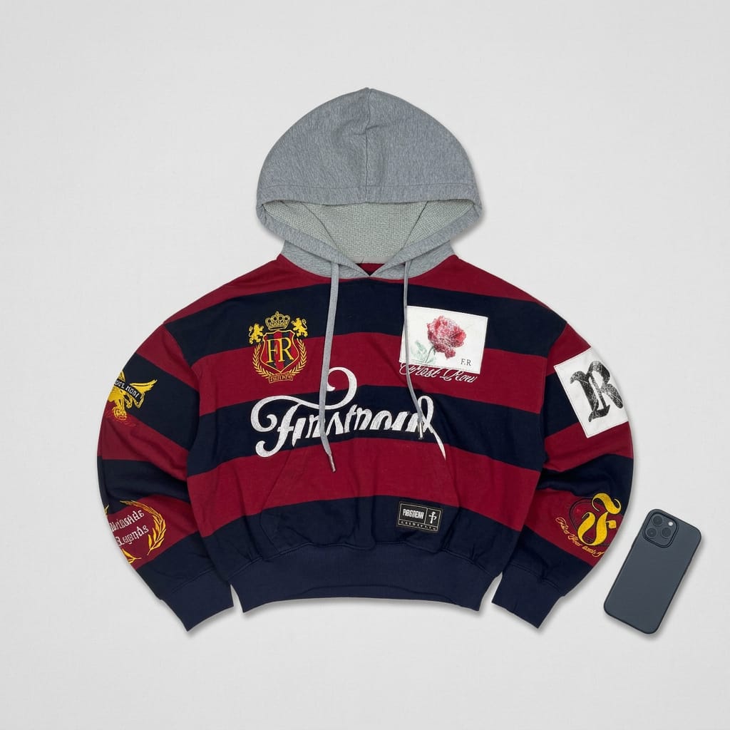Men's burgundy cropped hoodie with rose applique, patch and embroidery details