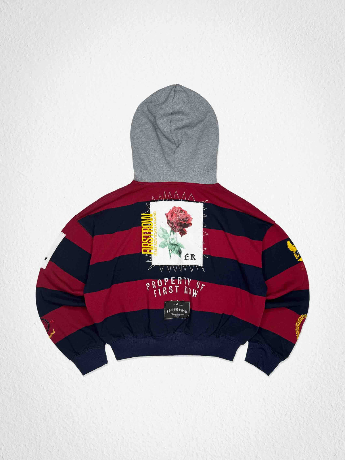 Men's burgundy cropped hoodie with rose applique, patch and embroidery details
