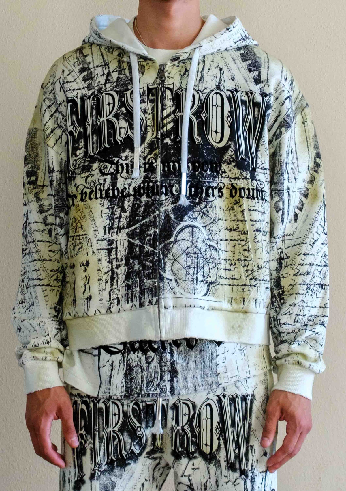 Men's celadon green washed cotton full-zip cropped hoodie with stone embellished graphic