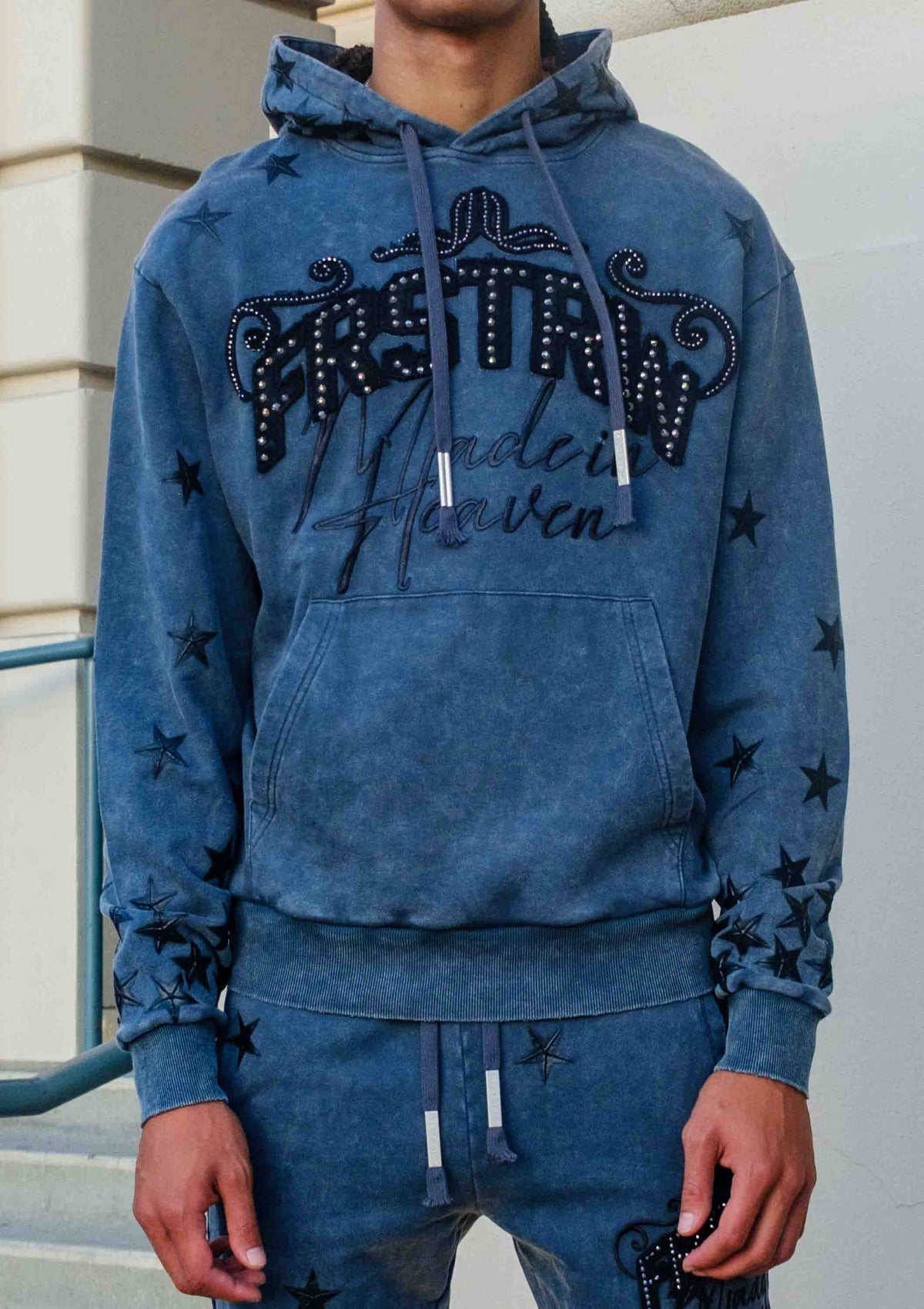 Men's dark grey washed cotton pullover hoodie with studded star graphic and kangaroo pocket