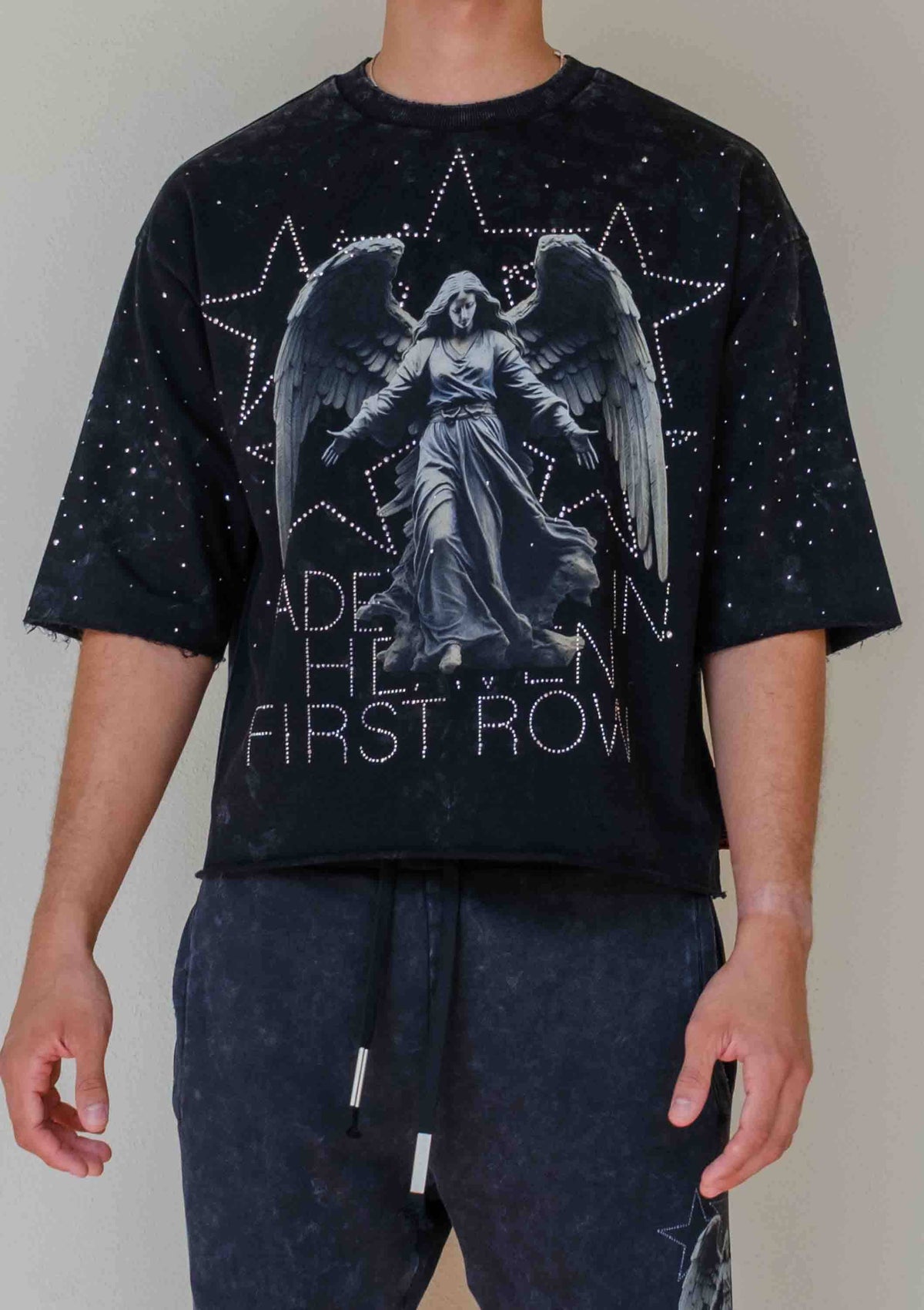 Men's black studded angel 3/4 sleeve cropped terry tee