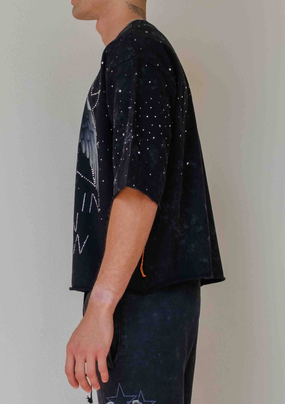 Men's black studded angel 3/4 sleeve cropped terry tee