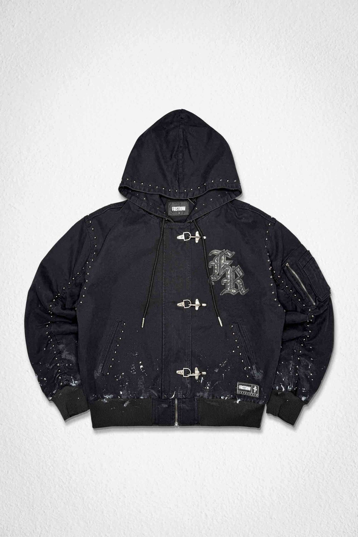 Men's black cotton canvas hooded workwear jacket with stud details