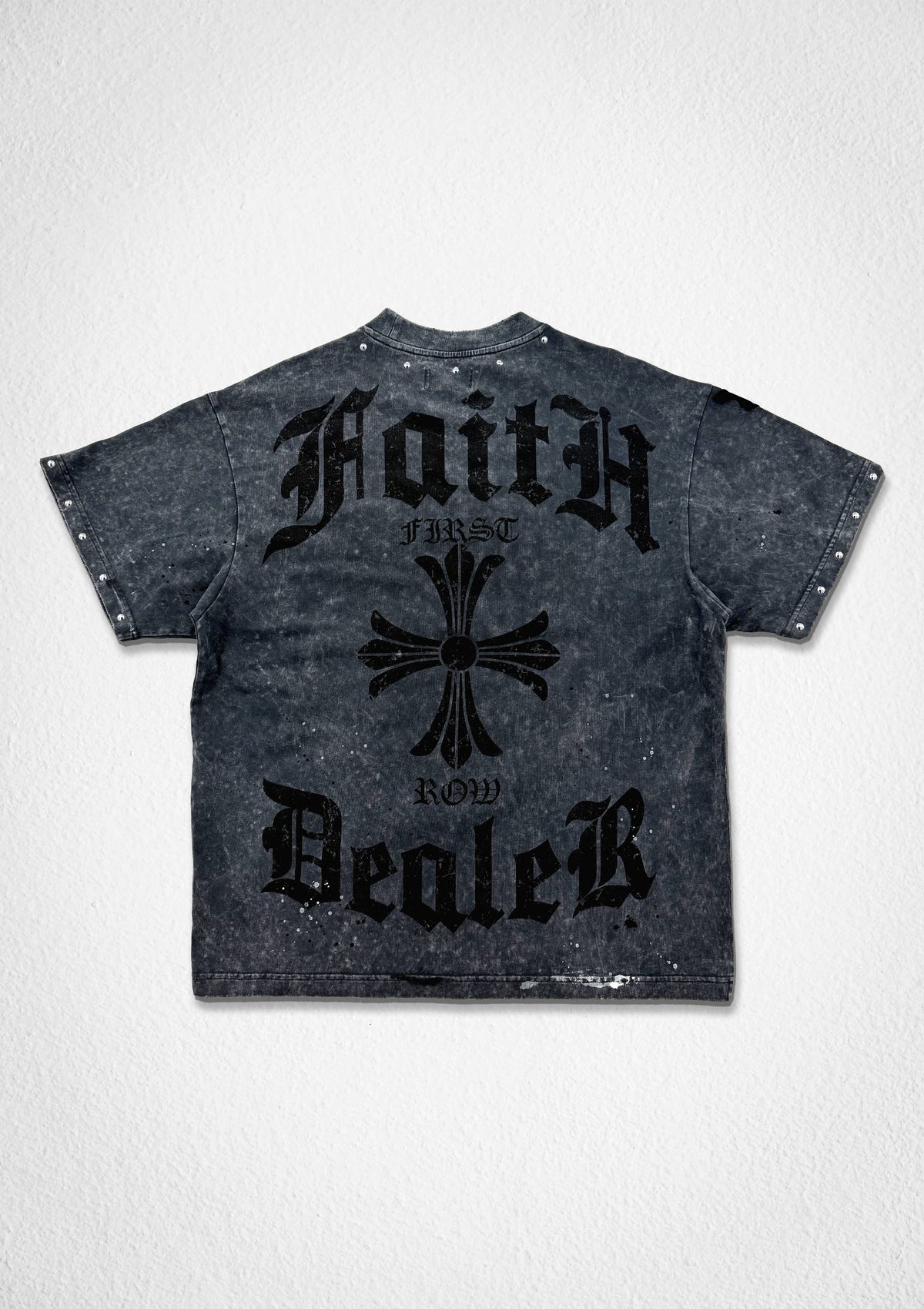 Men's dark grey washed graphic tee with studded fleur-de-lis appliqué