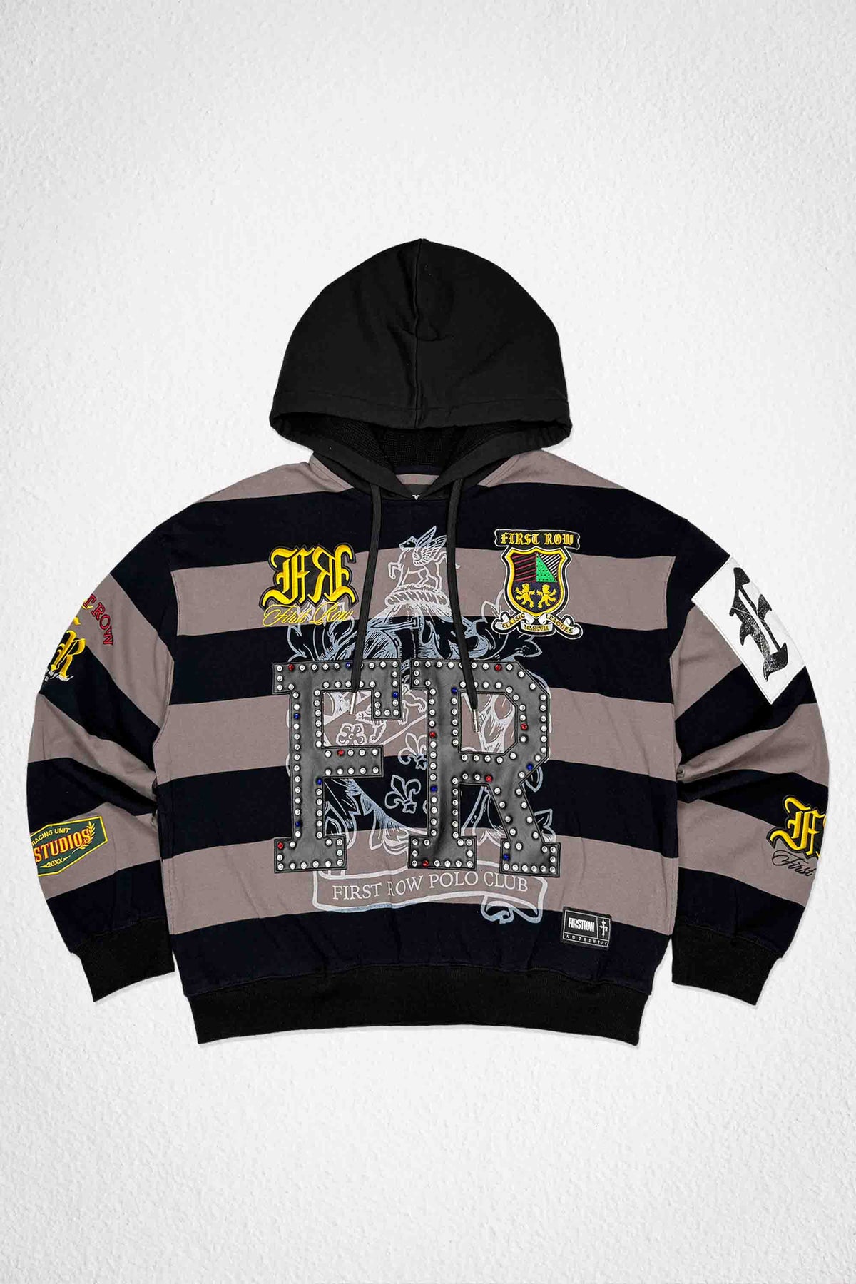 Men's black pullover hoodie with studded leather crest applique and patch details