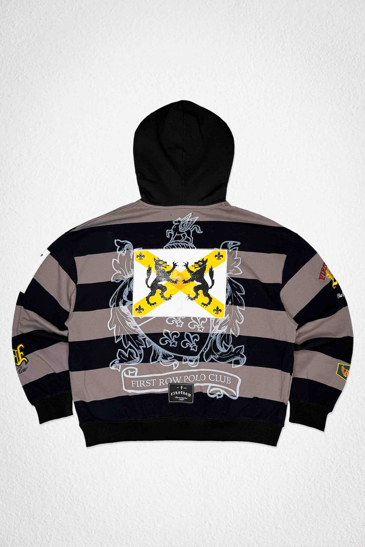 Men's black pullover hoodie with studded leather crest applique and patch details