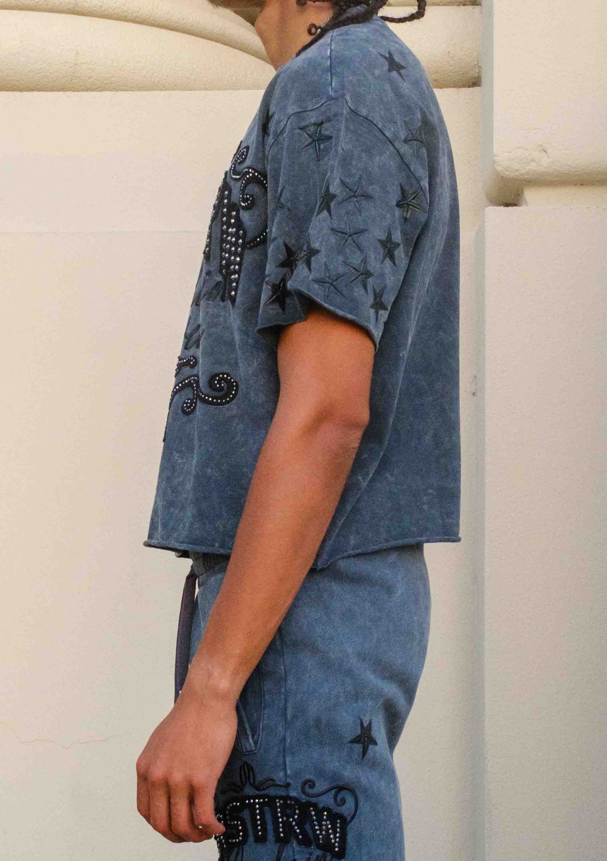 Men's dark grey washed cropped tee with studded star graphic