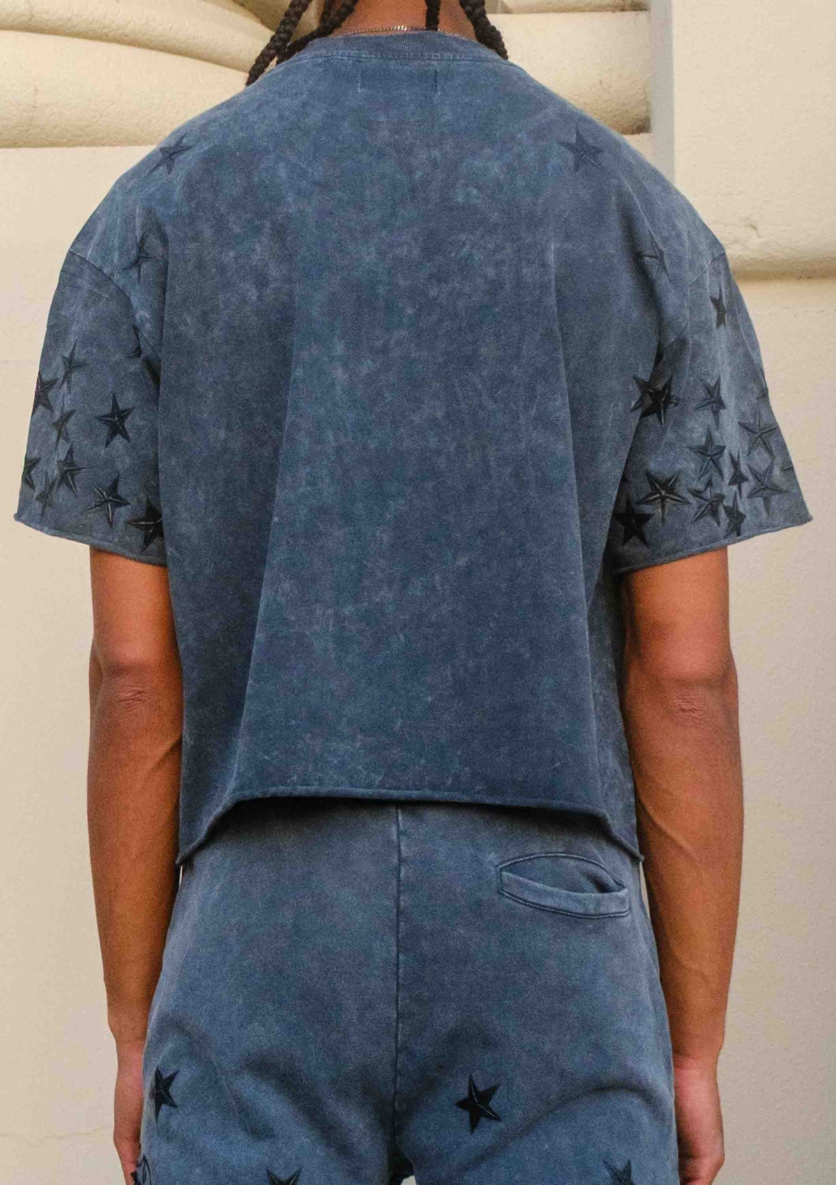 Men's dark grey washed cropped tee with studded star graphic