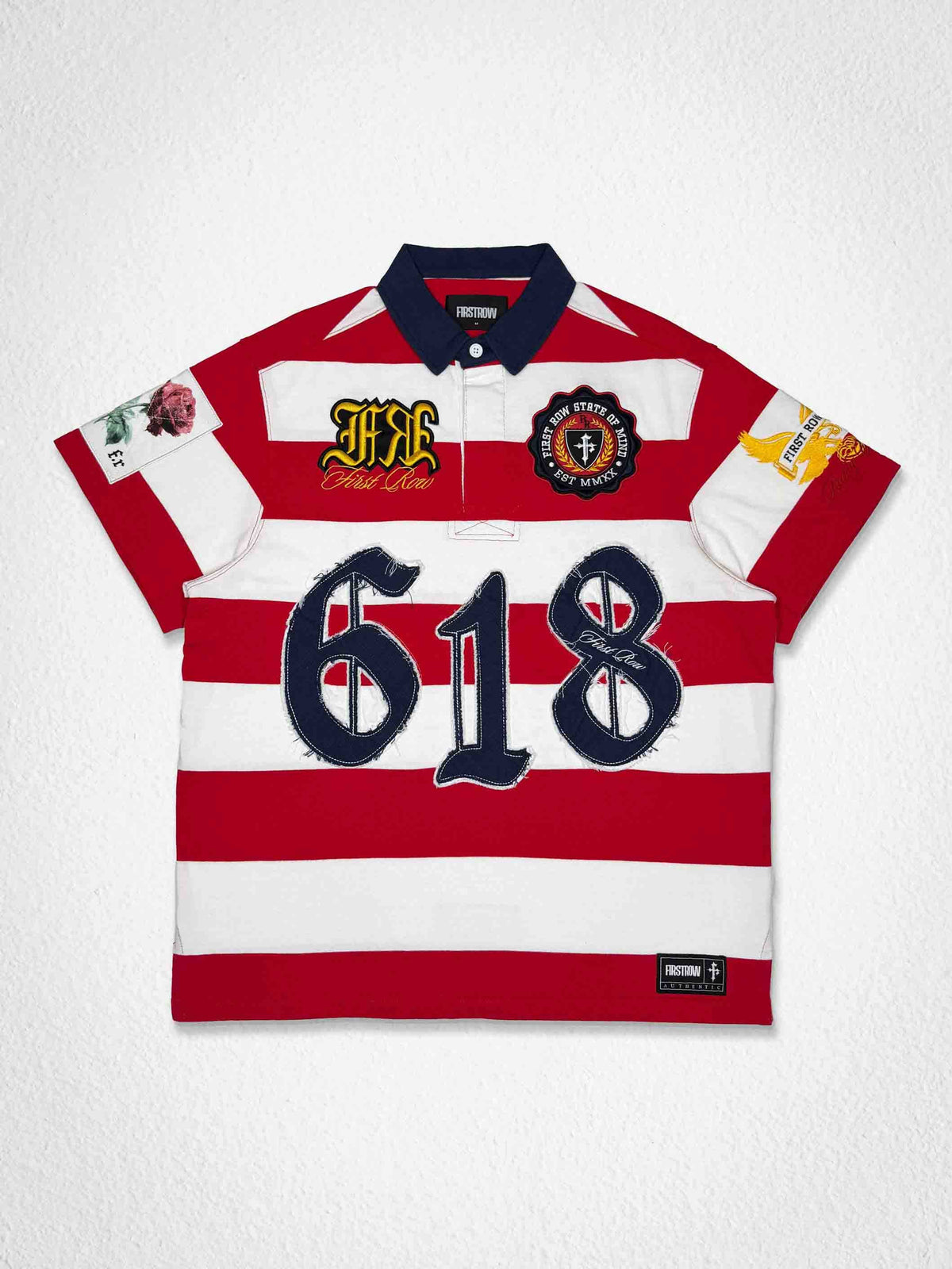 Men's red washed cotton polo with 618 appliqué and patch details