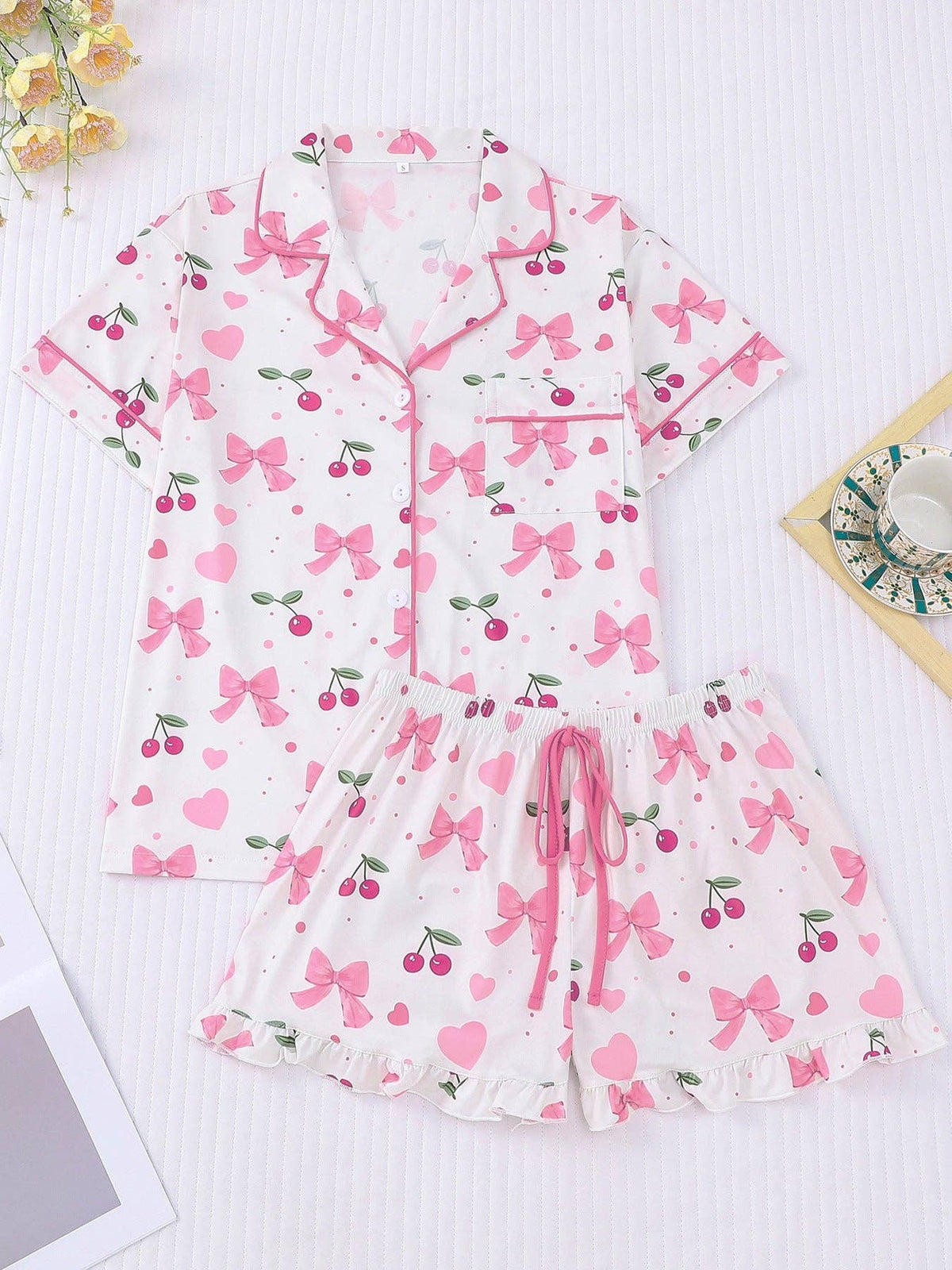 Women's pink bows and cherries print pajama short set