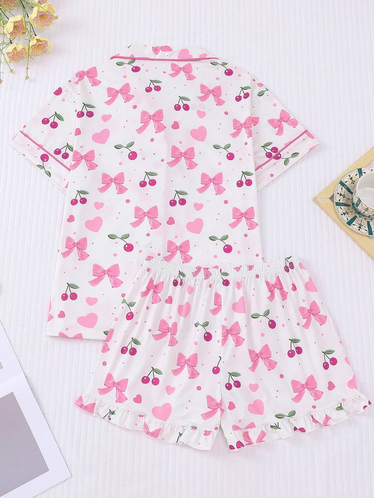 Women's pink bows and cherries print pajama short set – view 3