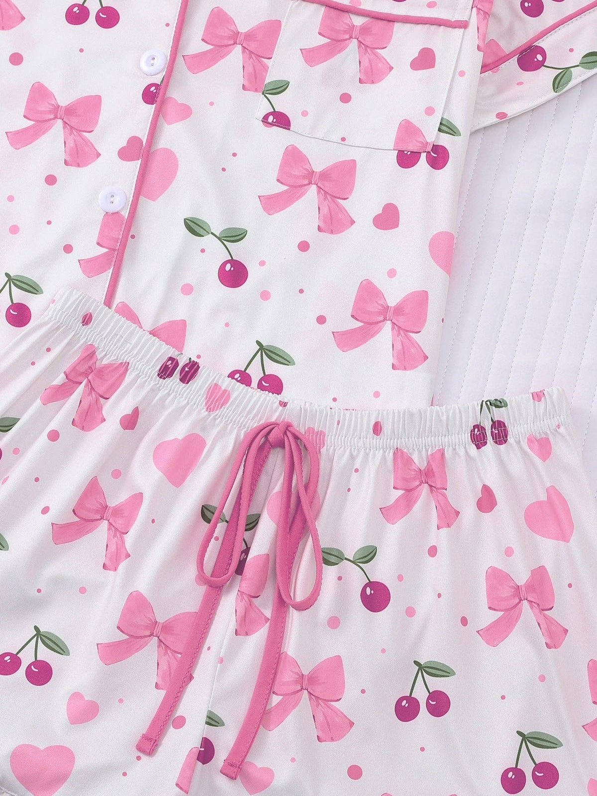Women's pink bows and cherries print pajama short set – view 4