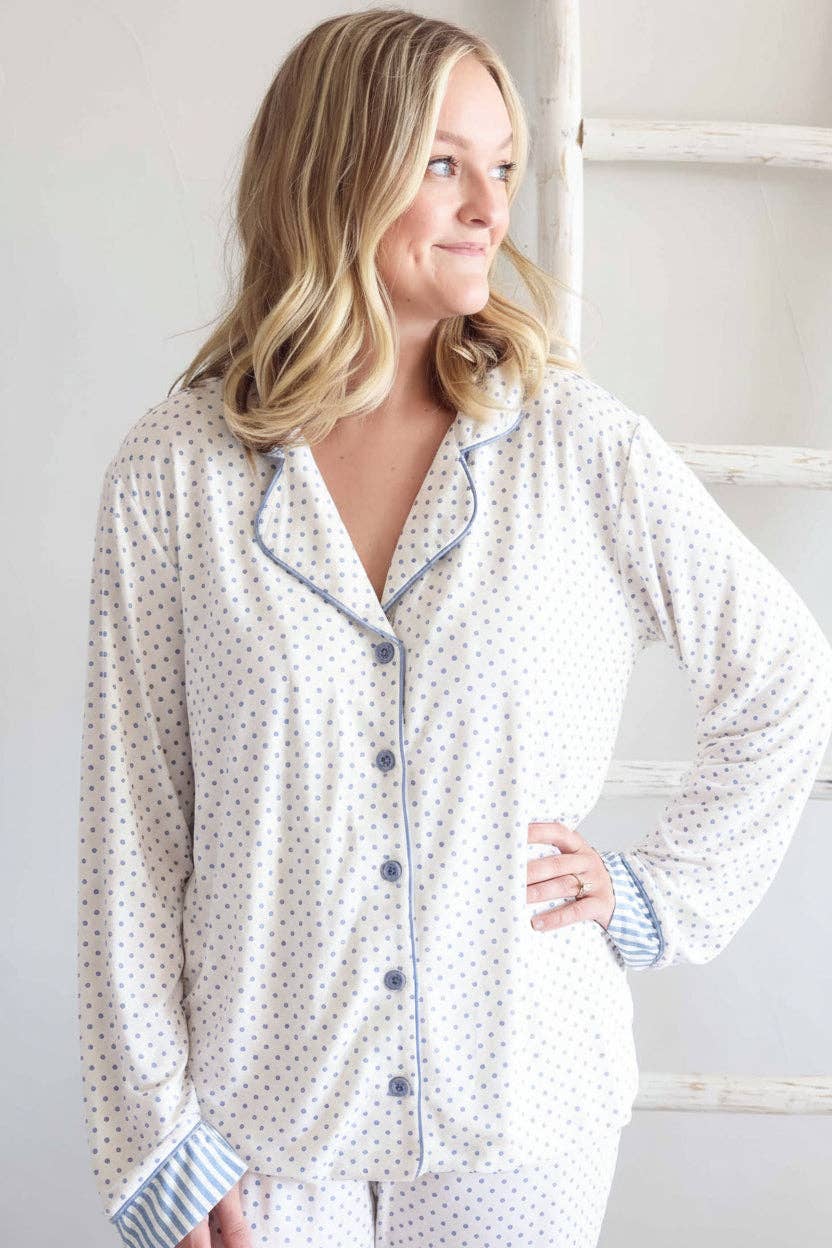 Women's white and dusty blue spot print bamboo pajama set with flare pants