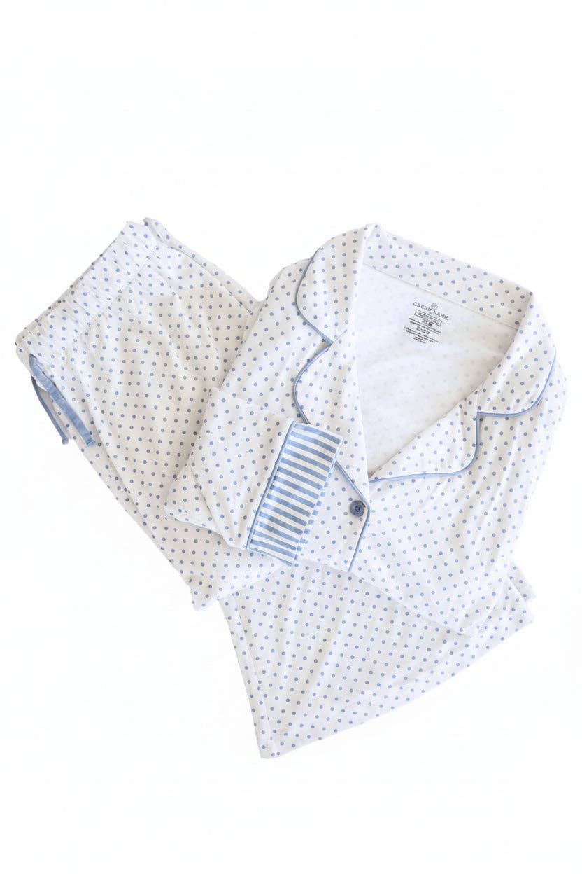 Women's white and dusty blue spot print bamboo pajama set with flare pants