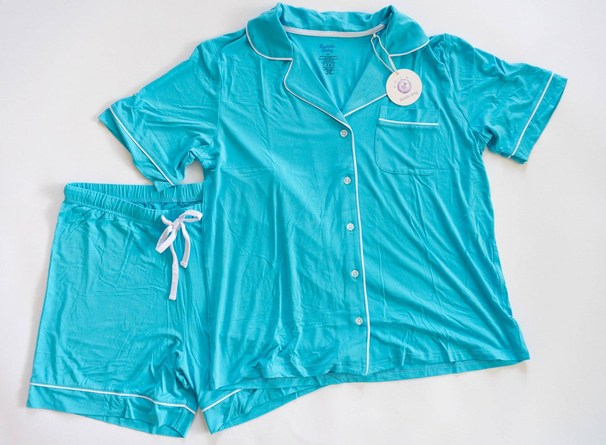 Women's ocean print bamboo button-up pajama short set with contrast piping