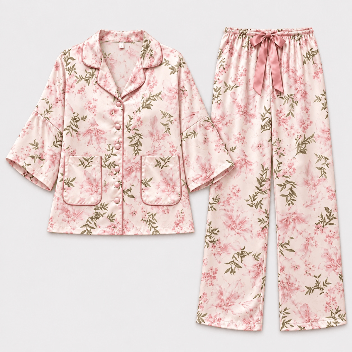 Women's pink botanical print satin piped button-up pajama set