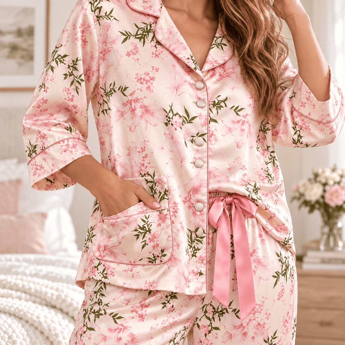 Women's pink botanical print satin piped button-up pajama set