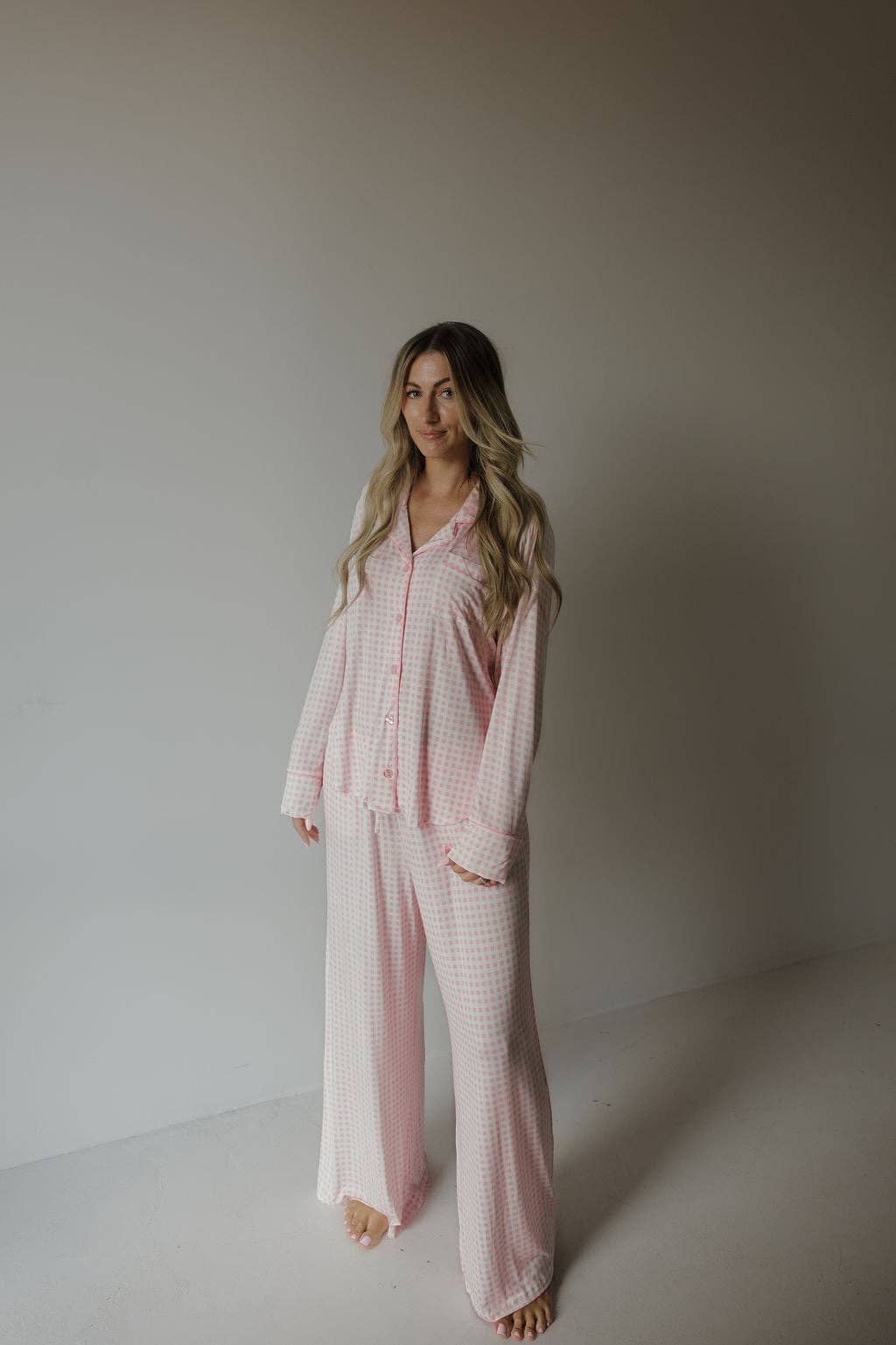 Women's pink gingham bamboo button-up pajama set