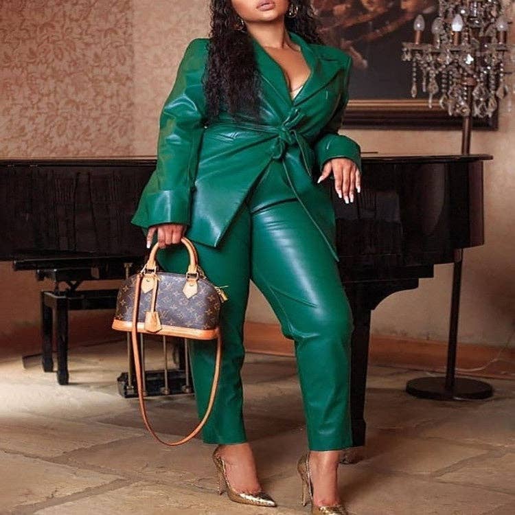 Women's plus size dark green faux leather jacket and tie-waist pants set