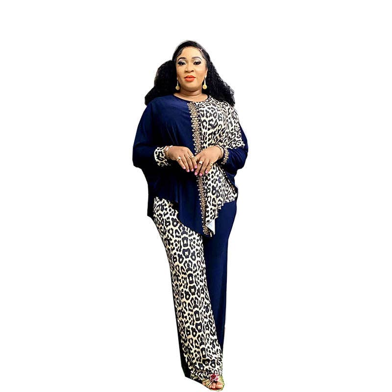 Women's plus size leopard print batwing sleeve top and high-waist pants set