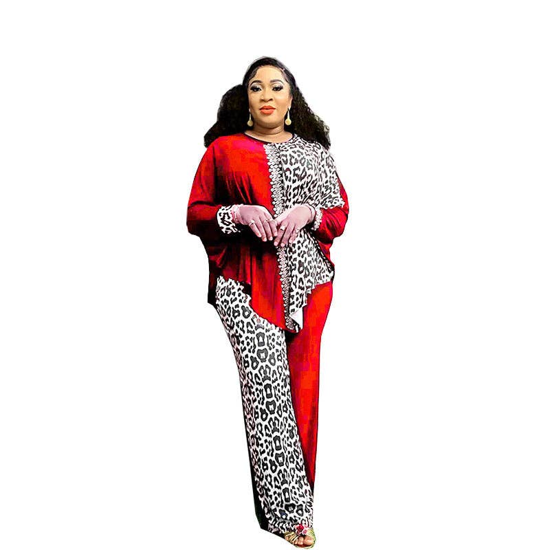 Women's plus size leopard print batwing sleeve top and high-waist pants set, view 3