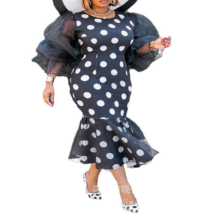 Women's plus size black polka dot strapless mermaid maxi dress, view 3