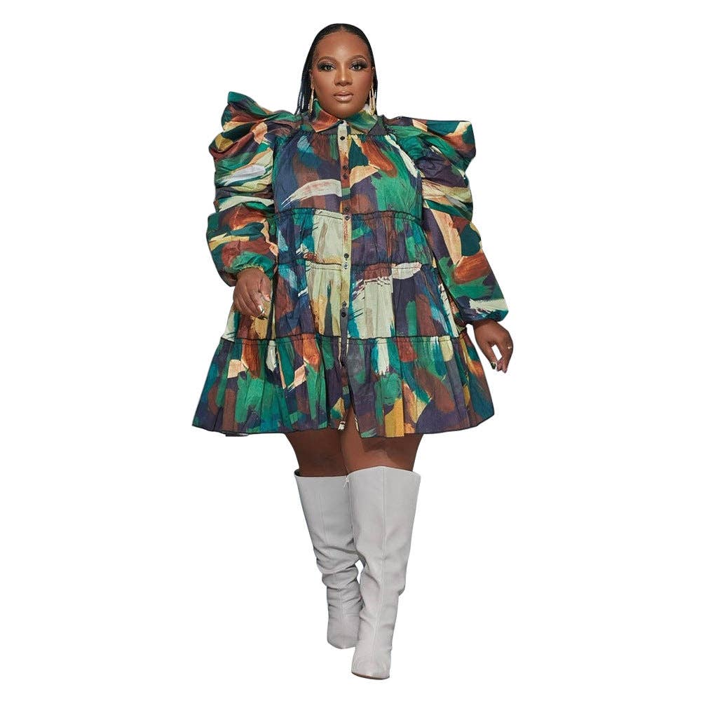 Women's plus size green printed ruffle button-up shirt dress