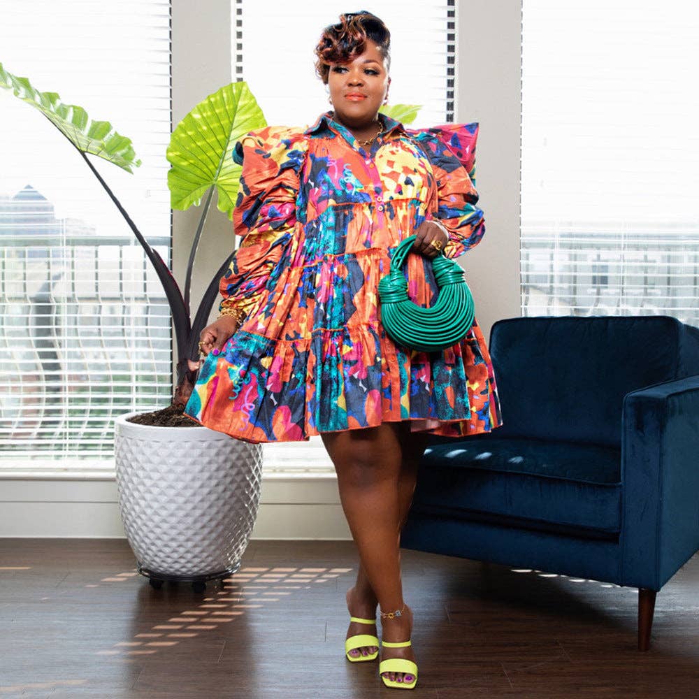 Women's plus size green printed ruffle button-up shirt dress, view 2