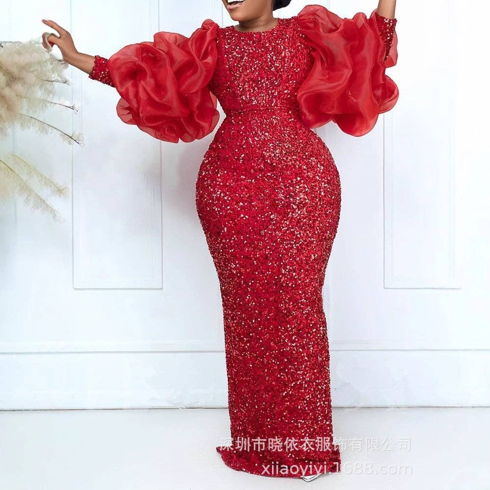 Women's plus size red sequin puff sleeve mermaid evening gown