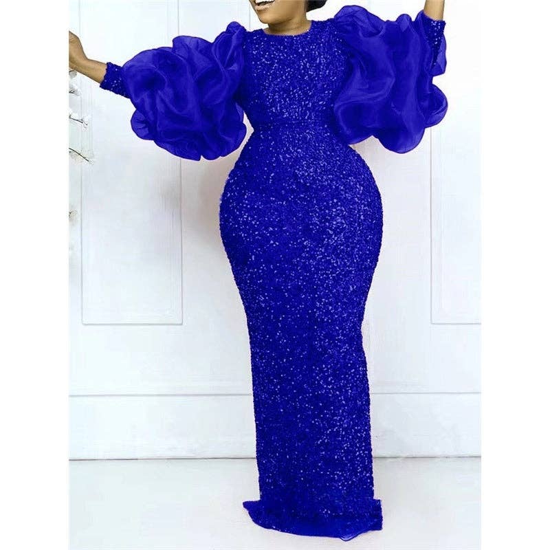 Women's plus size red sequin puff sleeve mermaid evening gown, view 4