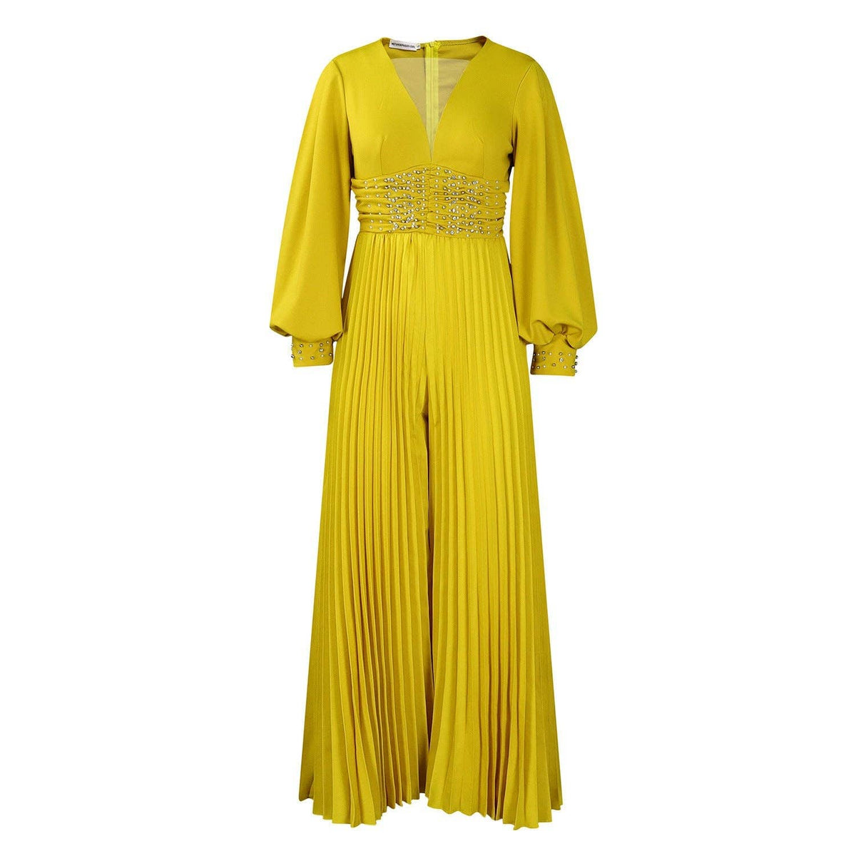 Women's plus size lemon yellow sequin mesh lace wide-leg jumpsuit