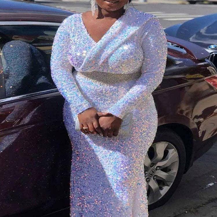 Women's plus size sequin V-neck long sleeve fishtail maxi dress, view 2