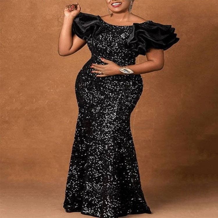 Women's plus size black sequin wrap front maxi evening gown