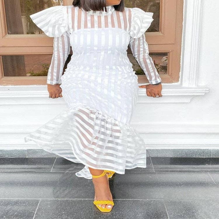 Women's plus size white striped satin long sleeve fishtail maxi dress, view 3